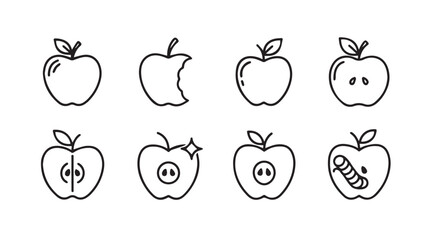 Collection of hand drawn apple illustrations showing different stages and conditions silhouette