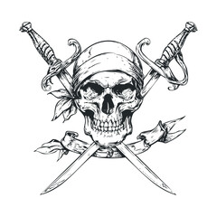 A detailed, creepy skull with a bandana and crossed swords.