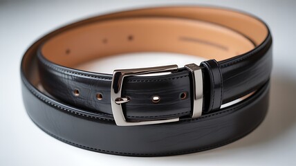 Close-up of a sleek black leather belt, showcasing fine texture, polished buckle, and timeless fashion accessory.