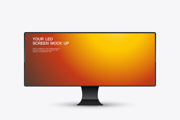 LED screen mockup is displayed with a vibrant gradient background blending orange, red, and yellow. The realistic design offers a professional way to present LED
