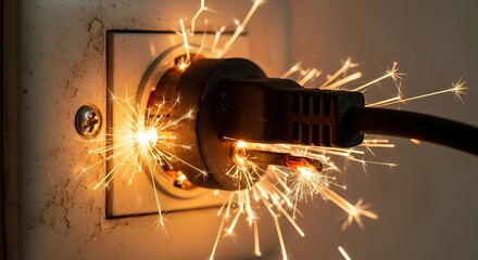 Close-up of a plug sparking dangerously from an outlet, illustrating electrical hazard.