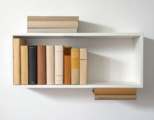 Bookshelf with Stacked Books Against White Wall