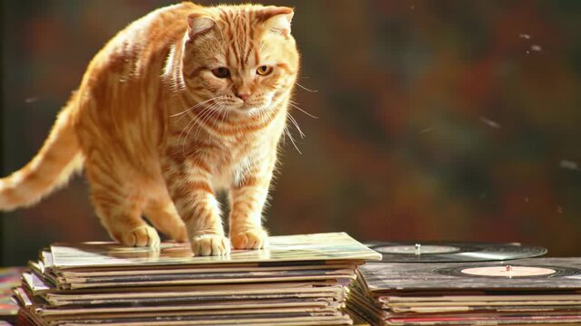 Ginger cat walks on stack of vinyl records, vintage music collection, pet concept.