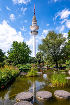 Television tower and pond in Planten un Blomen park in Hamburg