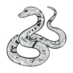 A black and white line drawing of a snake.