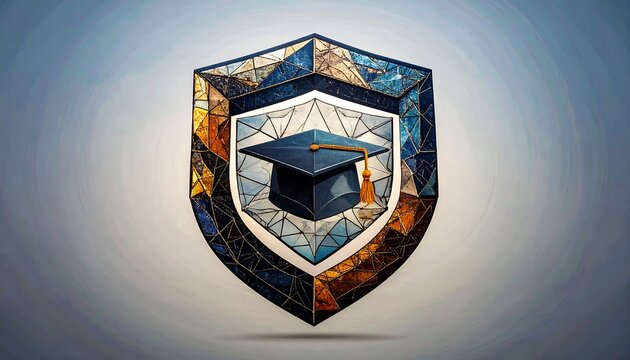 Shield-shaped emblem with graduation cap