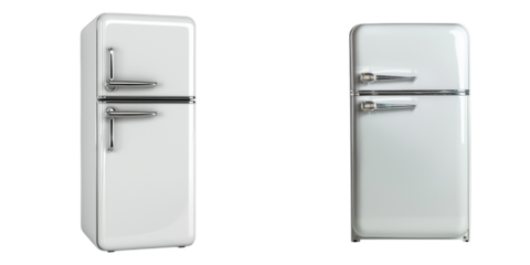 Two Vintage Style Refrigerators in , Side Front View on transparent background