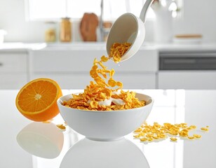 Breakfast Cereal with Orange Slice in Modern Kitchen