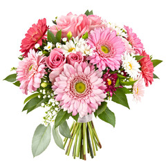 Elegant bouquet of vibrant pink gerberas, soft pink roses, and delicate white daisies with lush green leaves, perfect for a gift