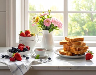 Breakfast Table Setting with Fresh Berries and Toast