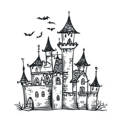 Obraz premium A spooky Halloween castle with bats flying above it.
