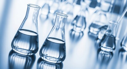 Close up of laboratory glassware with liquid inside for scientific experiments