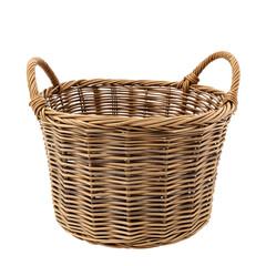 A beautifully crafted natural wicker storage basket with sturdy handles, perfect for home organization or laundry, shown empty and isolated on a white studio background