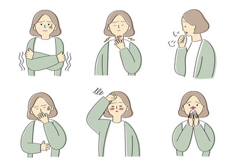 風邪の症状がある女性のイラストセット
