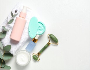 Beauty rollers and skincare accessories on marble background. Generated image