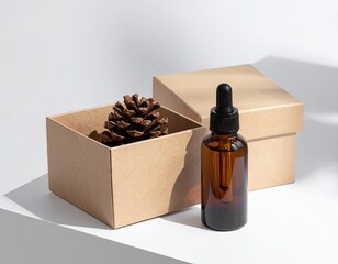Brown Glass Bottle with Dropper and Pine Cone in Cardboard Box