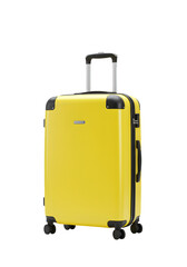 A vibrant yellow suitcase ideal for travel, vacation, and luggage-related concepts, symbolizing adventure, journeys, and packing isolated on white or transparent background.PNG format.