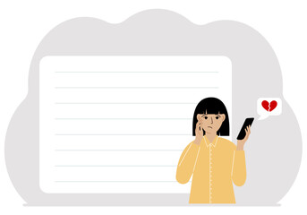 Woman reading a message on his mobile phone. Message with a broken red heart. Vector