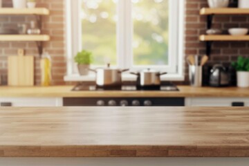 Close up of wooden kitchen table in modern and tidy kitchen background