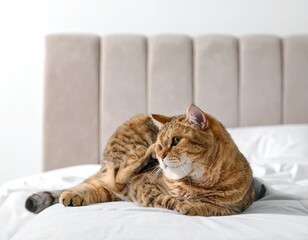 Brown Tabby Cat Relaxing on White Bed