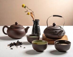 Brown Tea Set on Wooden Table with Dried Flowers