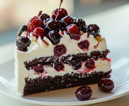 Slice of black forest cake with cherries and cream on white plate