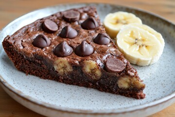 Slice of chocolate banana brownie with chocolate chips and banana slices