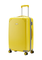 A vibrant yellow suitcase ideal for travel, vacation, and luggage-related concepts, symbolizing adventure, journeys, and packing isolated on white or transparent background.PNG format.