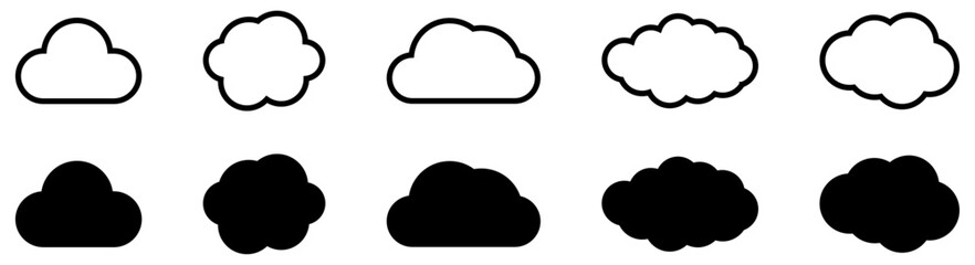Cloud icon black line and fill style. Weather climate symbol, computing storage icon set on white background. cloud, weather, computing, server, storage