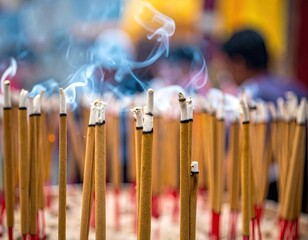 Burning Incense Sticks with Blue Smoke at Temple