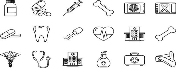 Set of medical and healthcare line and solid icons vector. icons such as medicine, injection, x-ray, bone, tooth, and hospital illustration