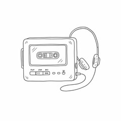 Obraz premium Hand-drawn illustration of a vintage portable cassette player with headphones.