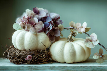 White pumpkins with dried purple and cream hydrangea flowers, rustic twig nest on weathered wood surface, soft green background for autumn fall seasonal decoration.