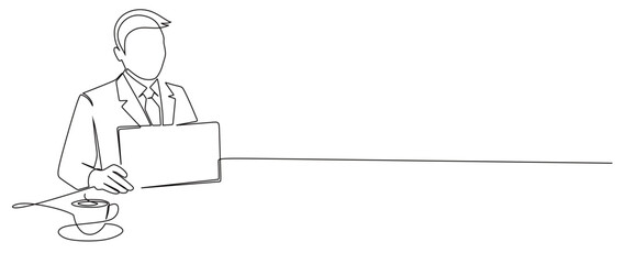 Continuous line art of a businessman working in front of a laptop and accompanied by a cup of coffee.


