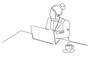 Continuous line art of a businesswoman working in front of a laptop and accompanied by a cup of coffee.

