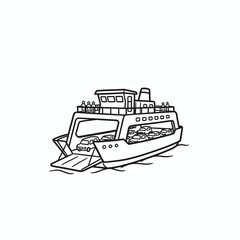 Obraz premium Line art illustration of a ferry boat carrying cars and passengers on the water.