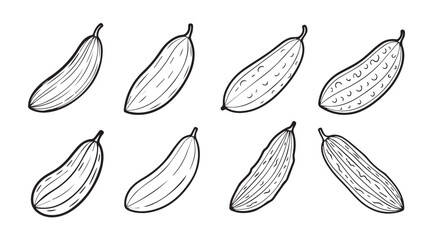 Collection of hand drawn cucumber silhouettes in various poses and textures