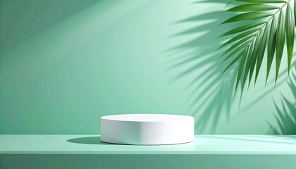 Minimalist, pastel green backdrop with a white cylinder podium and tropical leaf shadow