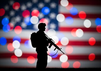 Fototapeta premium Silhouette of Armed Soldier Against American Flag Bokeh Backdrop