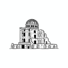 Line art illustration of the Hiroshima Peace Memorial, a ruined building with a dome, set against a white background.