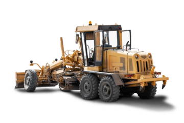 Heavy grader on isolated background, ready for rent. This powerful machine is indispensable for construction and earthworks.