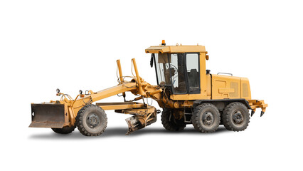 Road grader. Heavy construction equipment for rent, ideal for road construction and other infrastructure tasks.