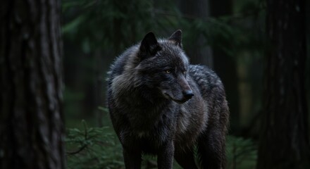 Fototapeta premium Majestic Dark Wolf Standing in a Forest with Intense Golden Eyes