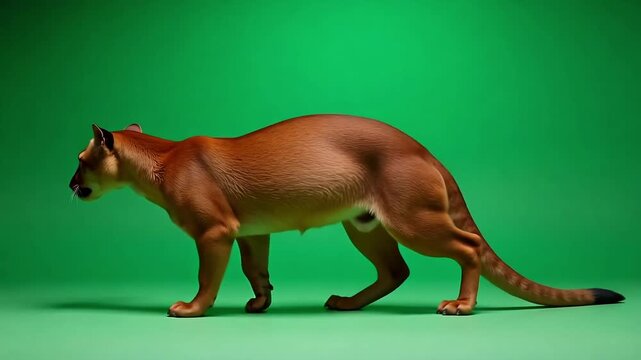 Fierce fossa exploring studio set, its sleek brown fur gleaming under the vibrant green backdrop, a dynamic glimpse into Madagascar's wildlife