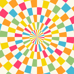 Colorful checkered pattern, radial design, Psychedelic retro abstract backgrounds 70s style,