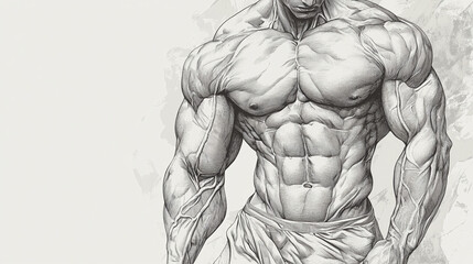 Muscular body on man by cartoon illustration, copy space 
