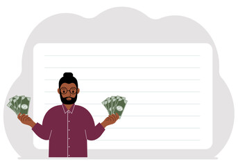 A man with banknotes in both hands. The concept of wealth. Vector