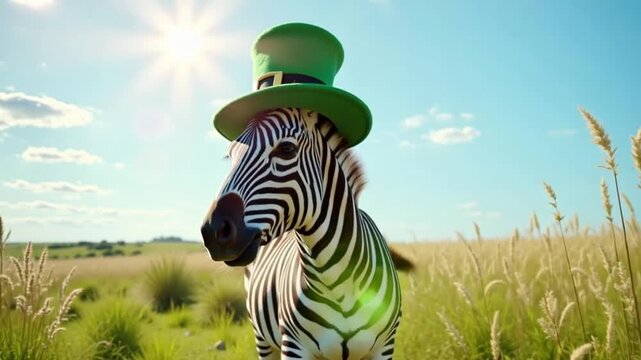 Zebra wearing St Patrick's Day hat in sunny meadow, Irish luck