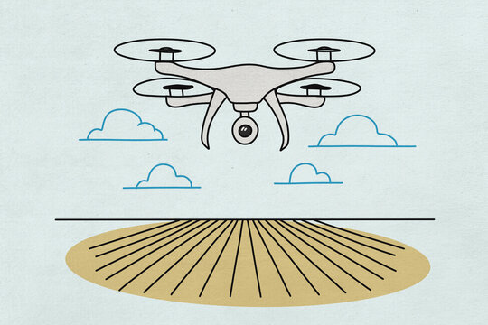 Drone flying over agricultural field for aerial surveillance illustration