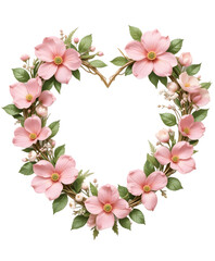 Delicate Pink Flower Heart Wreath with Green Leaves – Romantic Floral Design, Valentine’s Day Decor, High-Resolution Digital Art, Transparent PNG Overlay 
 